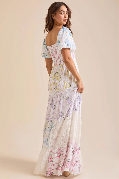 Lace Splice Floral Printed Boho Dress