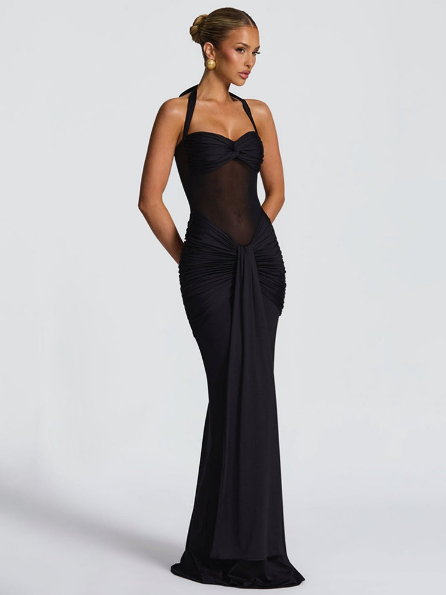 Neckband Lace Up Mesh Formal Dress Maxi Dresses