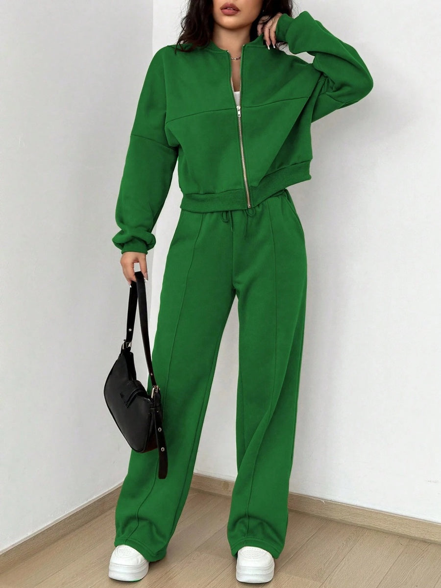 Sports And Leisure Solid Color Crew Neck Zipper 2-piece Sets