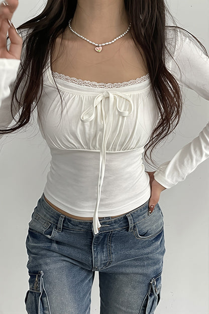 Lace Tie Ruched Bust Long Sleeve T-shirt