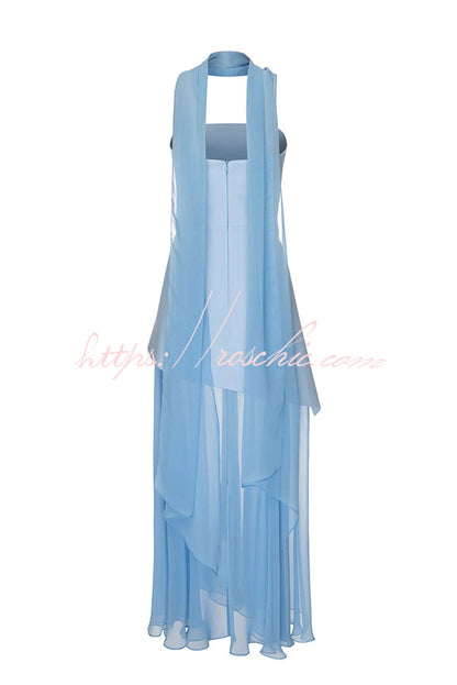 Monaco Off Shoulder Structured Top Chiffon Slit Hem Scarf Maxi Dress