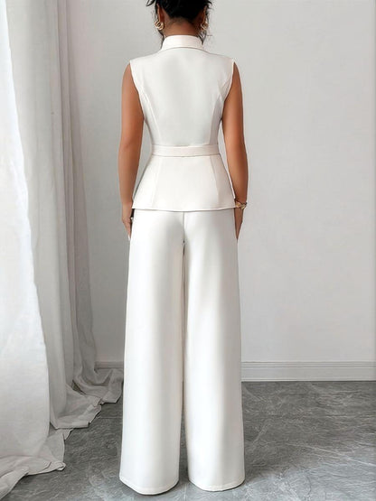 Buttons White V-neck Tank Tops Suit Trousers 2-piece Sets