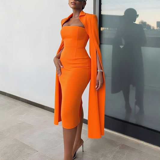 Hip-hugging Tube Top Dress Cloak 2-piece Sets