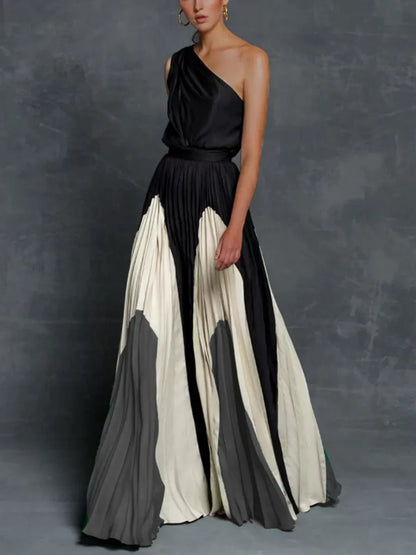 Printed Loose-fit One-shoulder Long Dress