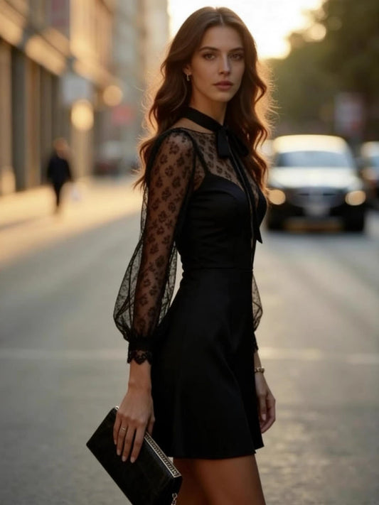 Mesh Perspective Splicing Bow Temperament Bandage Commuting Reunion Mini&Short Dresses