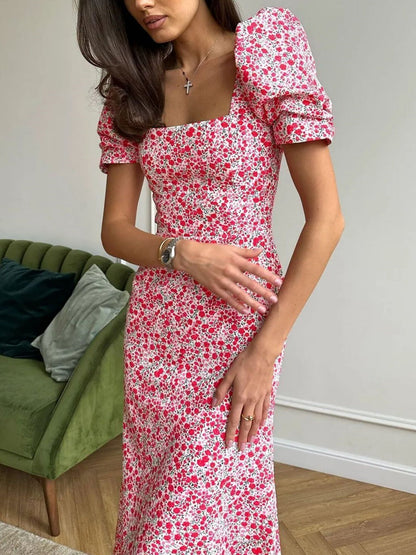 Floral Print Square Neckline And Puff Sleeves Maxi Dresses