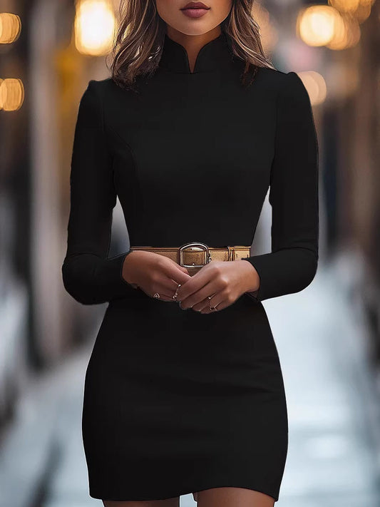 Grace White Hip-hugging Stand Collar Commuting Mini&Short Dresses