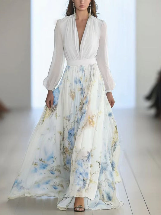 Floral Print With Ribbon Long Sleeve V-neck Patchwork Long Dress