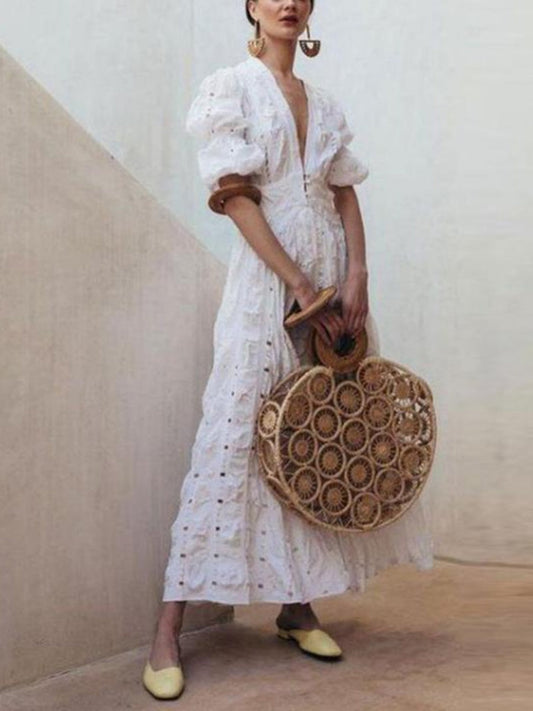 Deep V-neck Puff Sleeve Lace Cutout Long Dress