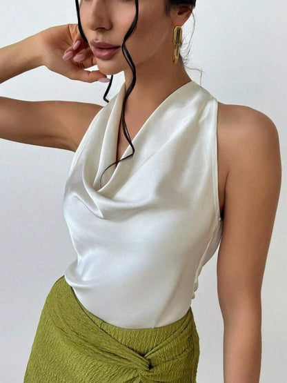 Pleats Solid Color Sexy Sleeveless Satin Satin Vest