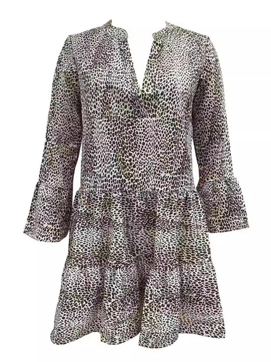 Leopard Print V-neck Long Sleeves Large Skirt Mini&Short Dresses