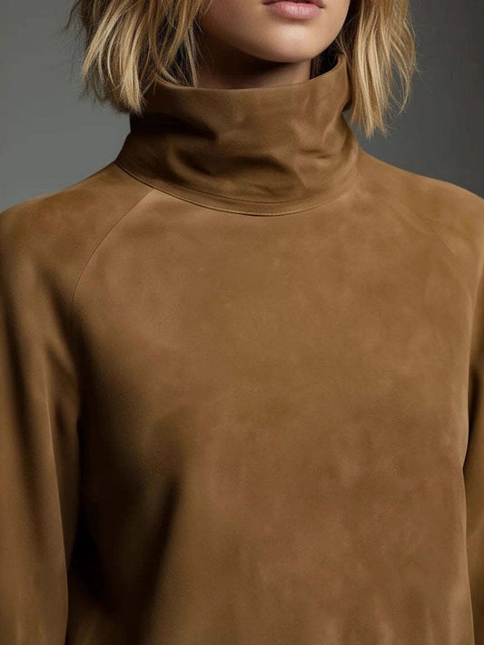 Old Deerskin High-necked Long-sleeved Pocket Mini&Short Dresses