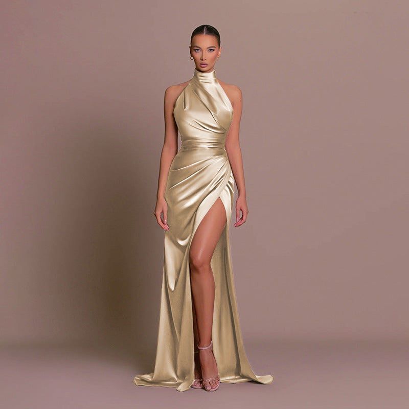 Halter Stand Collar Sleeveless Slit Formal Dress Parties Maxi Dresses