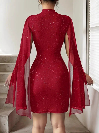 Crew Neck Sequins Chiffon Cape Balloon Sleeve Piping Hip Wrap Mini&Short Dresses