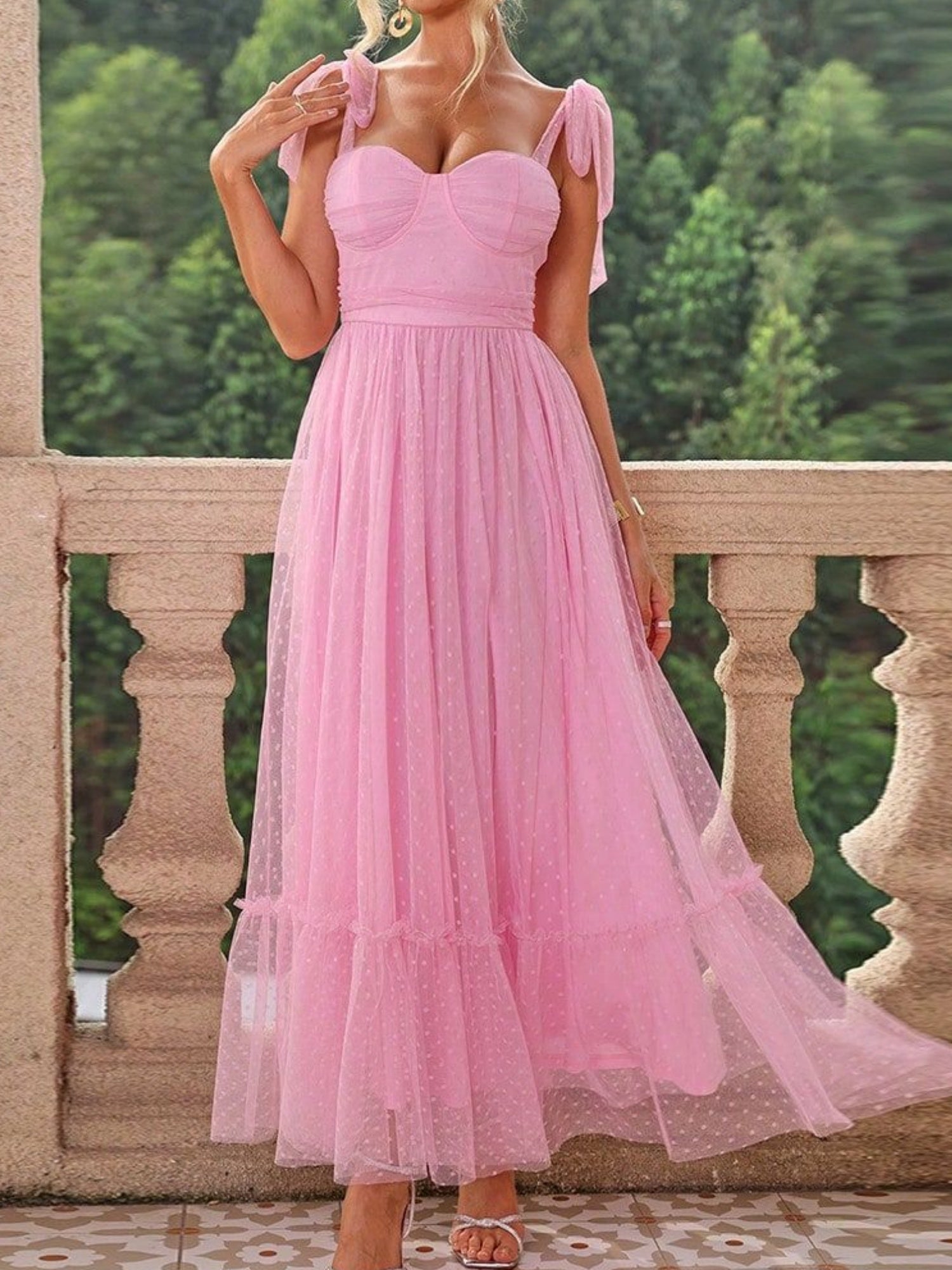 Polka Dots Strapless Shoulder Strap Mesh Splicing Sweet Maxi Dresses