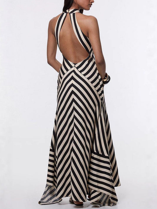 Striped Color Blocking Halter Neck And Backless Maxi Dresses