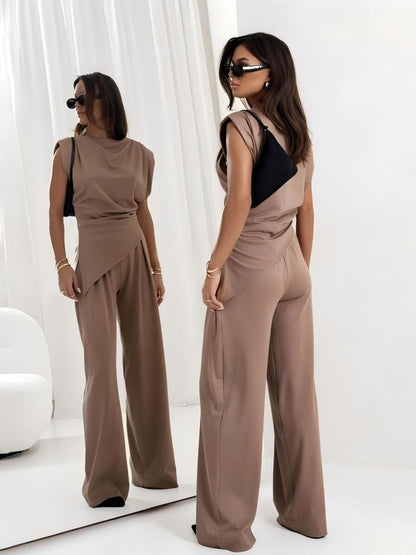 Irregular Short Sleeve Pleated Solid Color 2-piece Sets