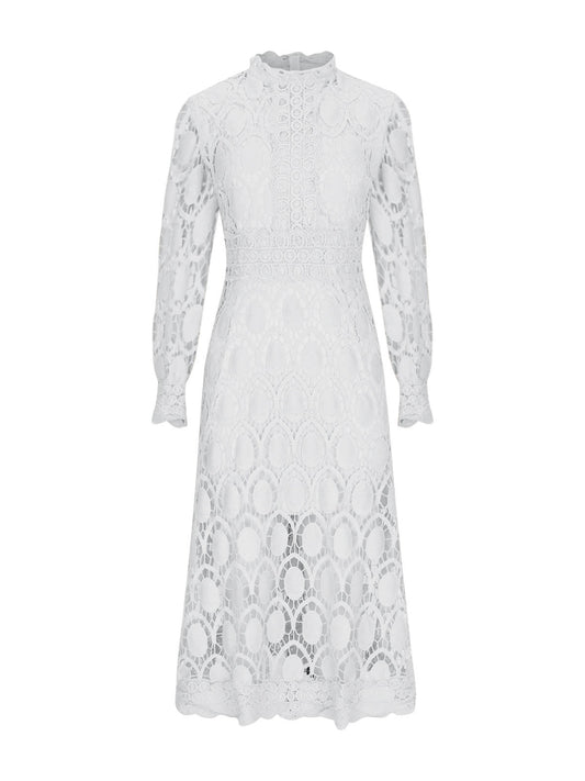 Hollow-out Long-sleeved Stand-up Collar Short Dress With Lace Trim