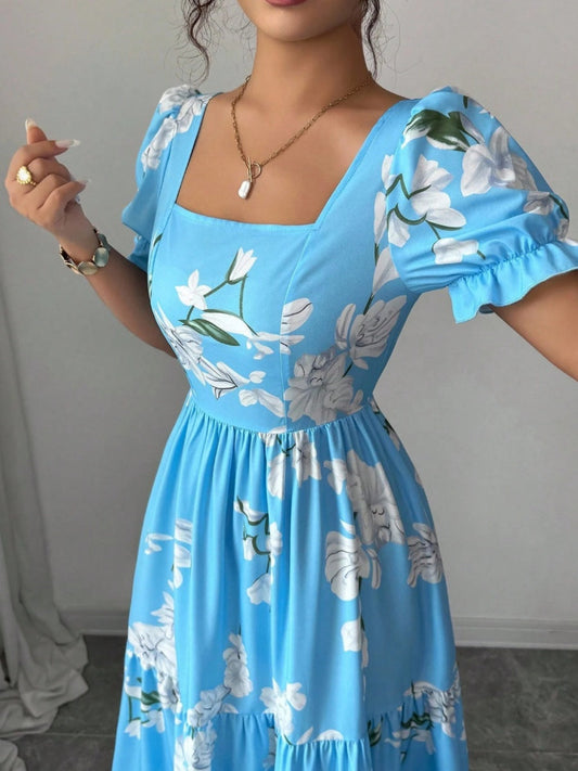 Square Neck Women's Clothing Flowers Maxi Dresses