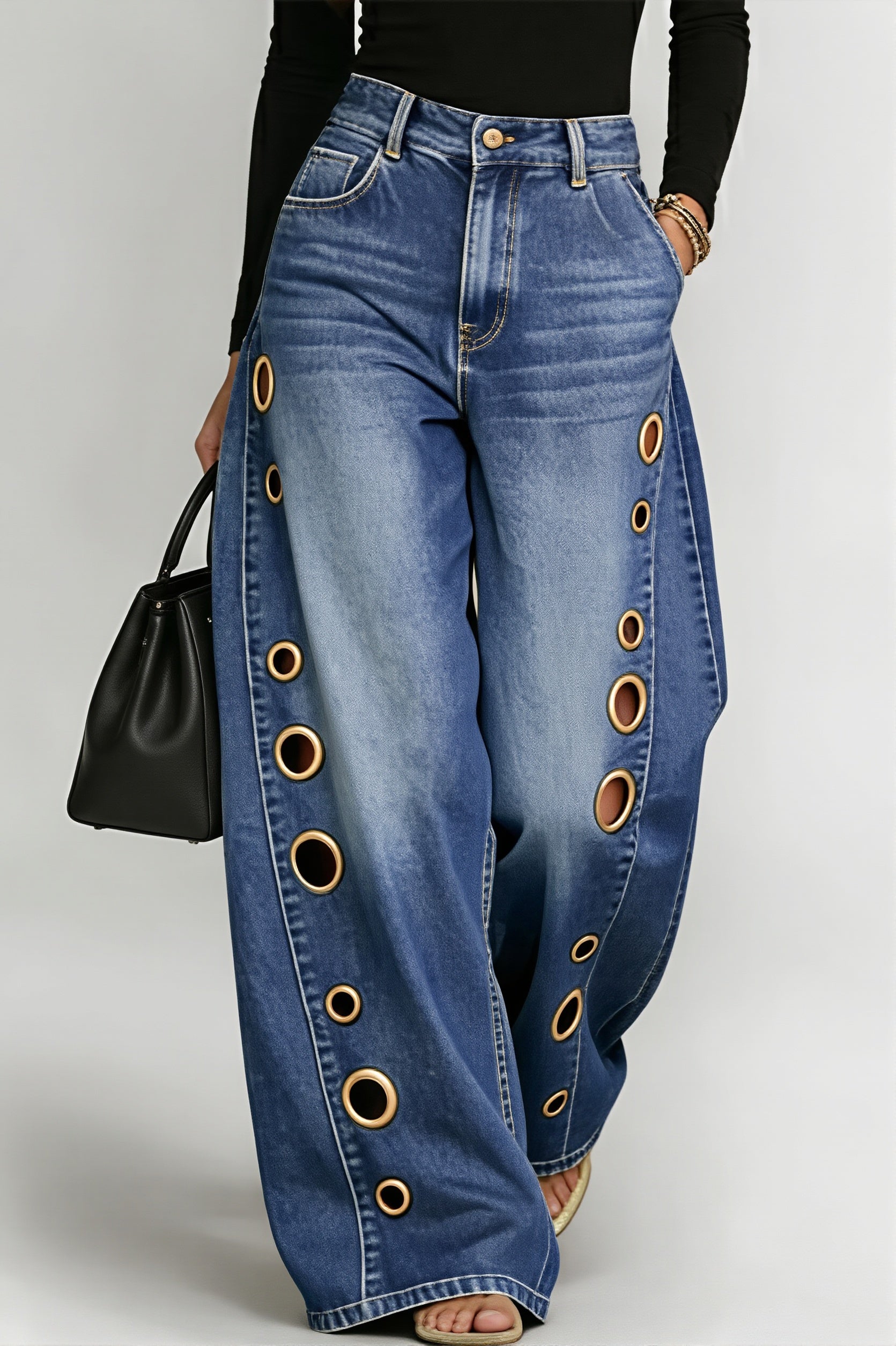 High Waist Eyelet Loose Wide Leg Jeans