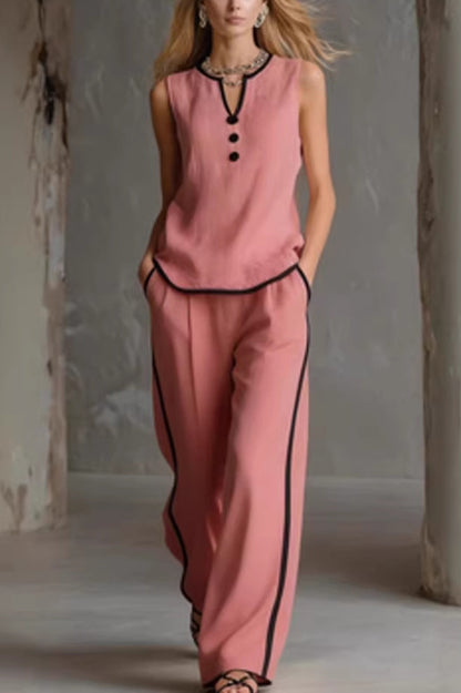 Stylish Color-blocked Sleeveless V-neck Top and Elastic Waist Pockets Casual Wide-leg Pants Set
