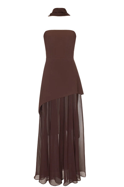 Monaco Off Shoulder Structured Top Chiffon Slit Hem Scarf Maxi Dress