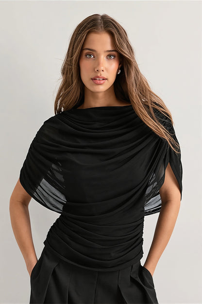 Solid Sheer Ruffle Scarf Neck Blouse