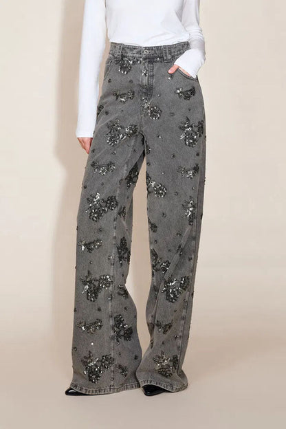 Jhenie Denim Beaded Sequin Floral Pattern Mid Rise Pocket Wide Leg Jeans