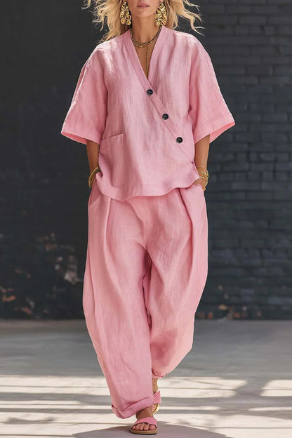 Linen Blend Solid Color V-neck Short-sleeved Loose Top and Elastic Waist Pocket Casual Pants Set