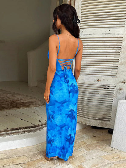 Flowers Printed Waist-cinching And Hip-hugging Swing Collar Camisoles Maxi Dresses
