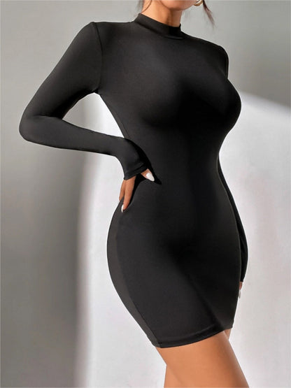 Half Turtleneck Solid Color Tight Fit Long Sleeve Mini&Short Dresses