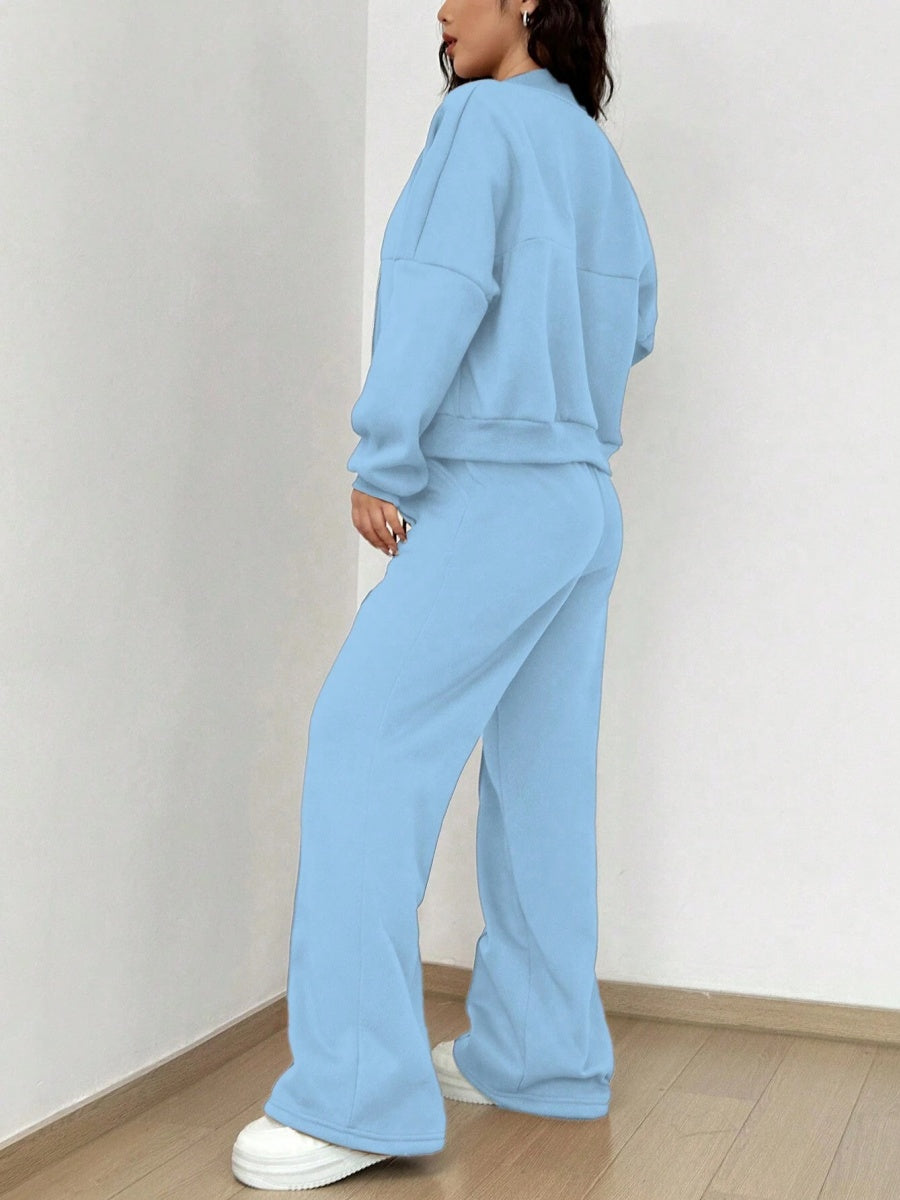 Sports And Leisure Solid Color Crew Neck Zipper 2-piece Sets