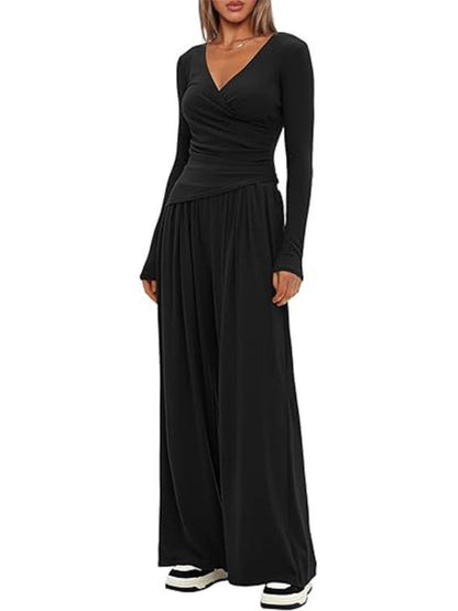 Long Sleeve V-neck T-shirt Loose-fit Wide-leg Pants Leisure 2-piece Sets