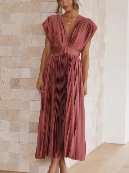 Solid Color V-neck Sleeveless Midi Dresses