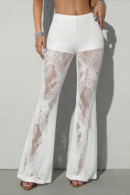 Chic Lace Panel Flared Mesh Pants