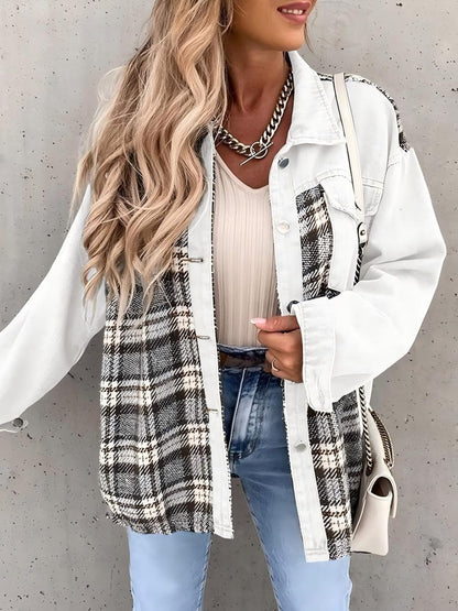 Long Sleeve Plaid Splicing Fasten Denim Jackets