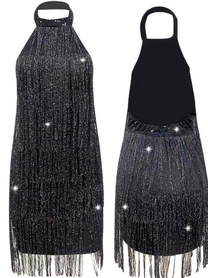 Black Tassel Flash Halter Sleeveless Mini&Short Dresses