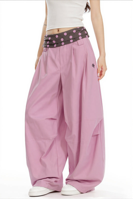 Splice Polka Dot Fold Waist Pants
