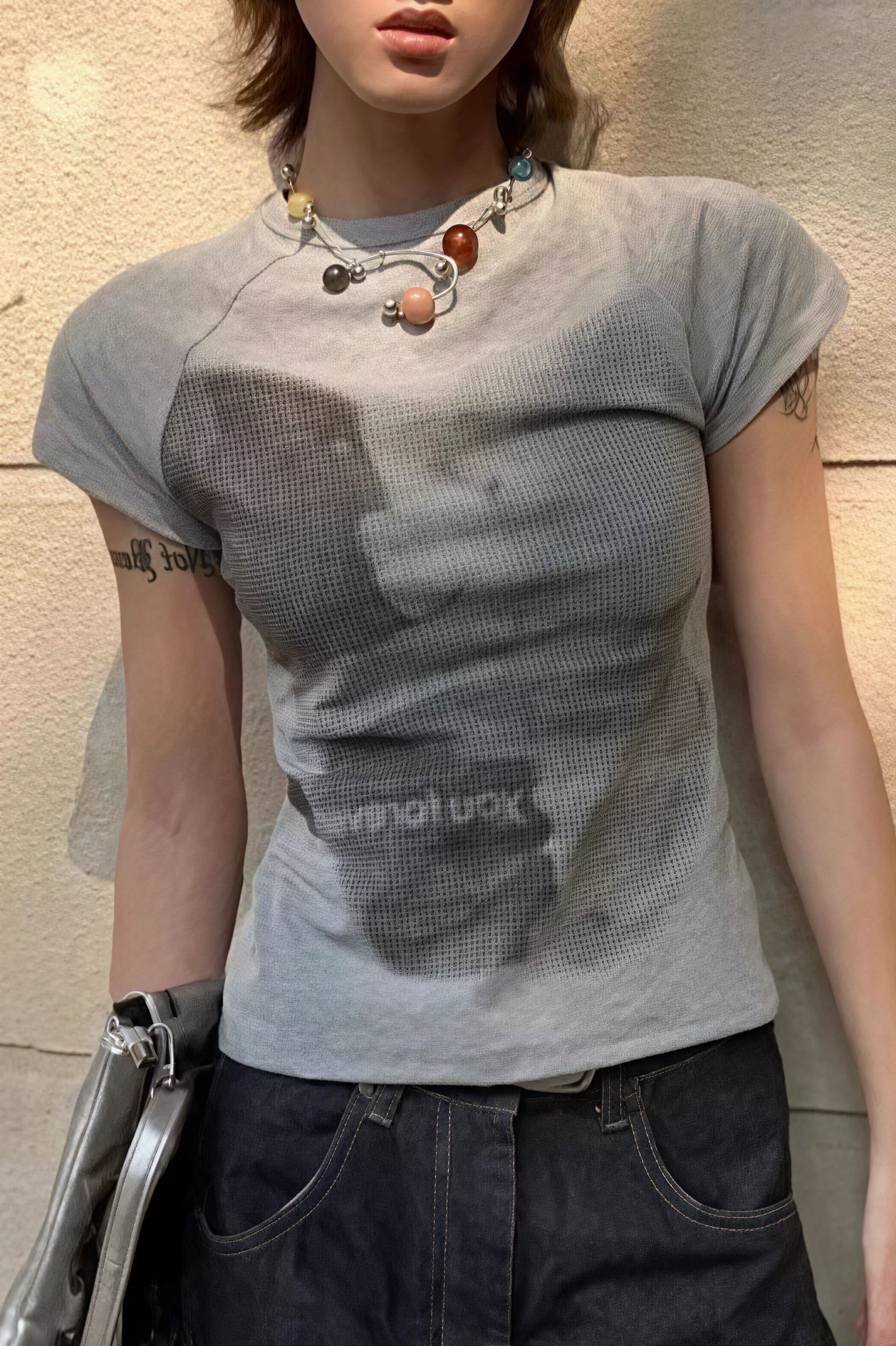 Bear Print Slim Cropped Cotton T-shirt