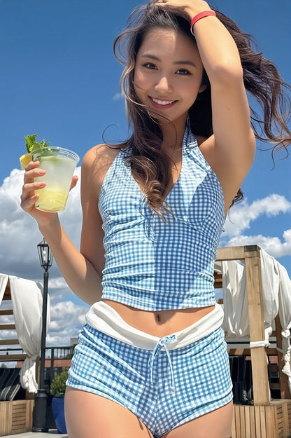 Contrast Plaid Halter Two Piece Swim Set