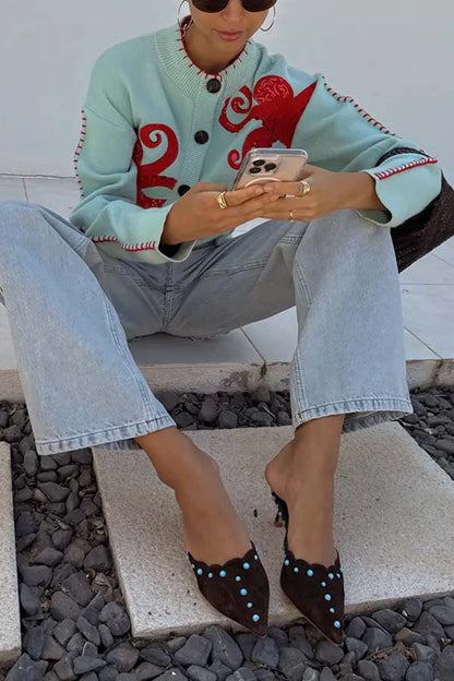 Coastal Fashion Knit Octopus Graphic Contrast Piping Button Up Loose Cardigan