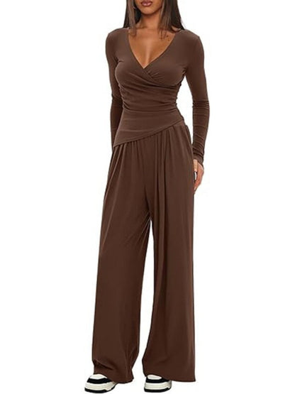 Long Sleeve V-neck T-shirt Loose-fit Wide-leg Pants Leisure 2-piece Sets