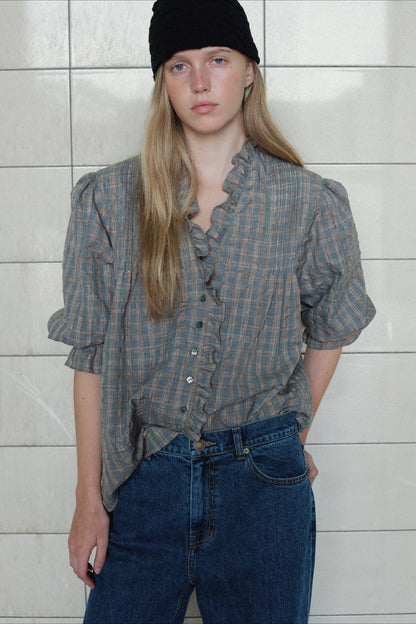 Casual Plaid Ruffle Long Sleeve Blouse