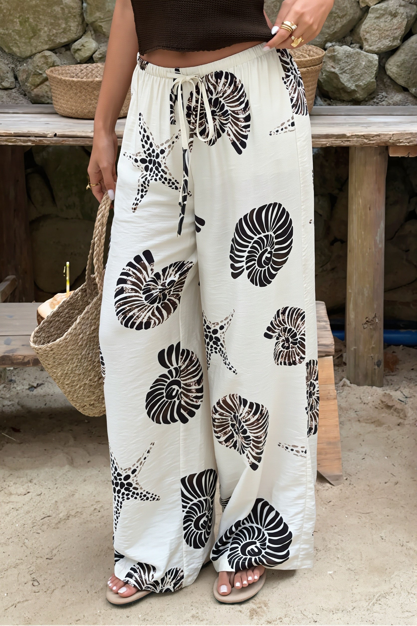 Printed Drawstring Wide Leg Pants