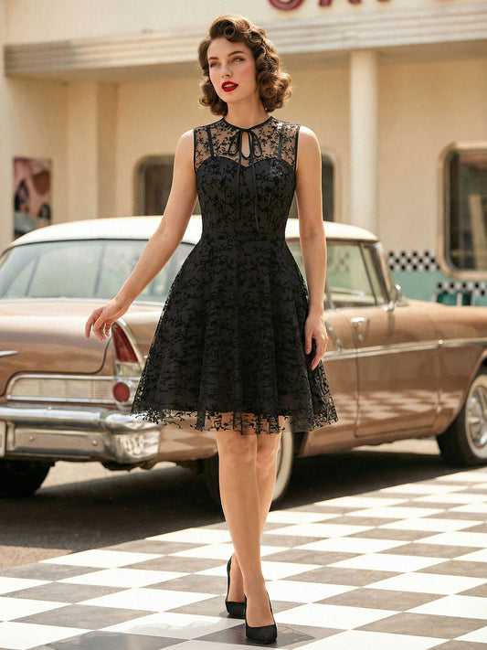 Embroidered Dress Round Neck Sleeveless Lace Up Retro Glamour Dresses
