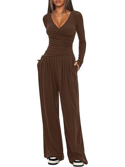 Long Sleeve V-neck T-shirt Loose-fit Wide-leg Pants Leisure 2-piece Sets