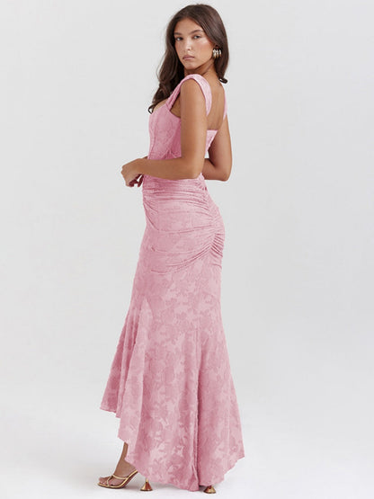 Floral Jacquard Fabric Boning Fishtail Maxi Dress