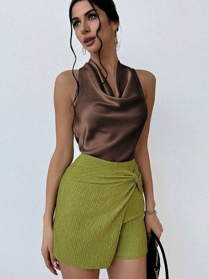 Pleats Solid Color Sexy Sleeveless Satin Satin Vest