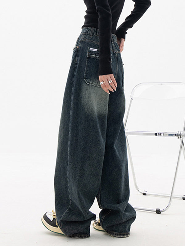 Dark Wash Print Vintage Baggy Boyfriend Jeans