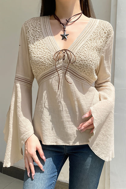 Lace Knit Flare Sleeve Ethnic Blouse